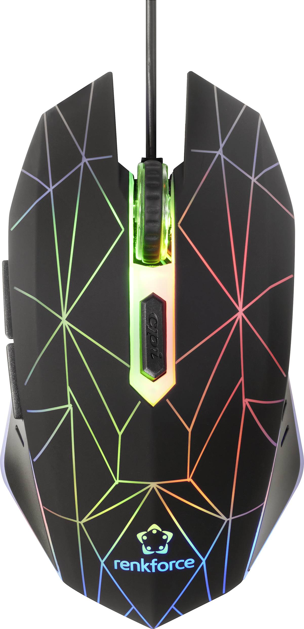 Černá lesklá herní myš s RGB podsvícením a geometrickým designem, připojená kabelem, s viditelným názvem značky 'renkforce' dole.