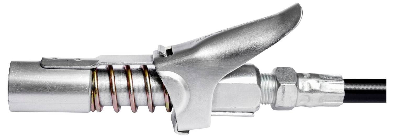 Kovový ruční pákou s pružinovým mechanismem, pravděpodobně součást výdejní pistole nebo podobného zařízení.