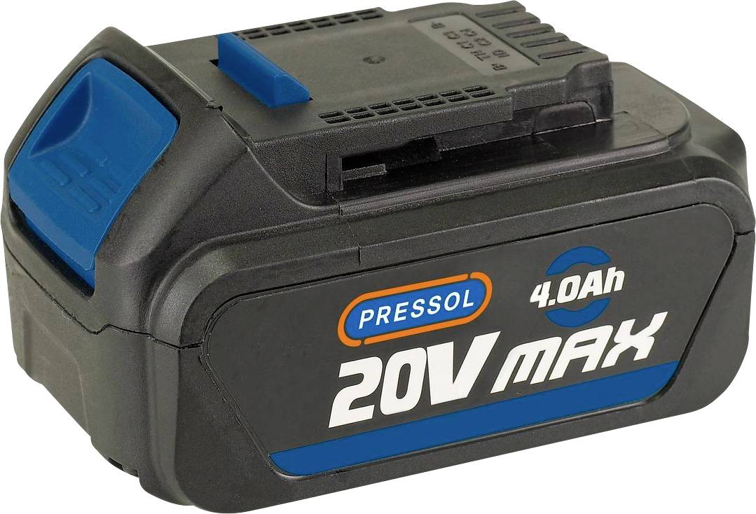 Akumulátor 20V Max, 4.0Ah od Pressolu. Černé pouzdro s modrým a oranžovým firemním logem. Kompatibilní s různými elektrickými nástroji.