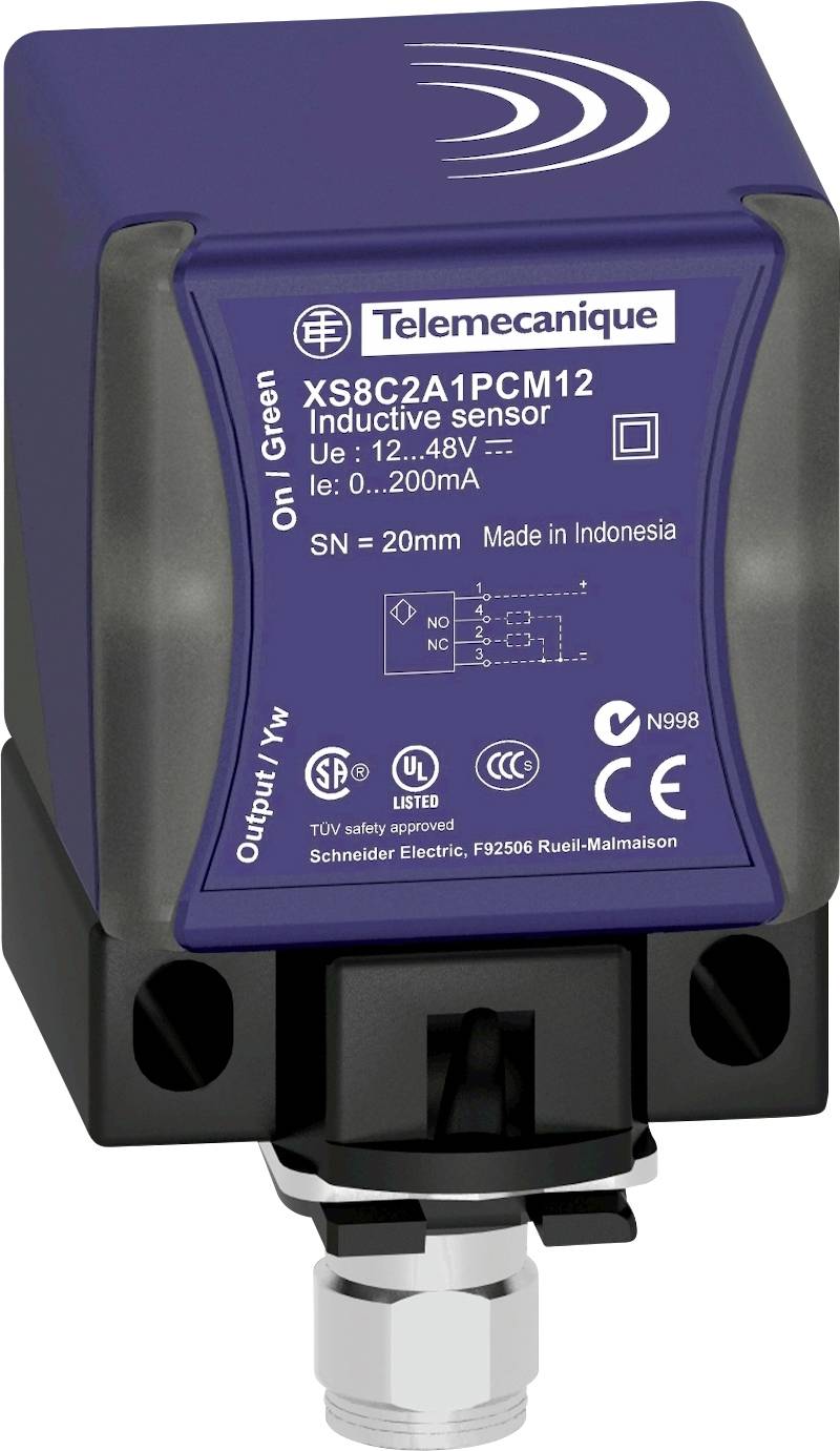 Pravoúhlý indukční snímač od společnosti Telemecanique s modrým povrchem těla, model XS8C2A1PCM12, zobrazuje technické specifikace.