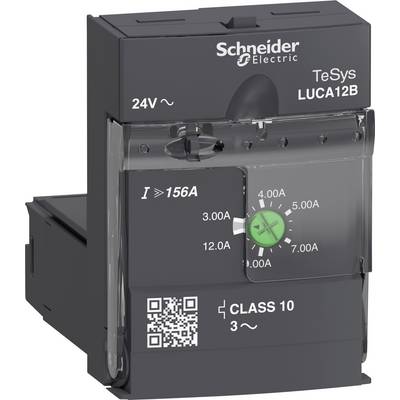Černý výkonový spínač TeSys od Schneider Electric, model LUCA12B, s 24V indikací, otočným ovladačem a QR kódem na přední straně.