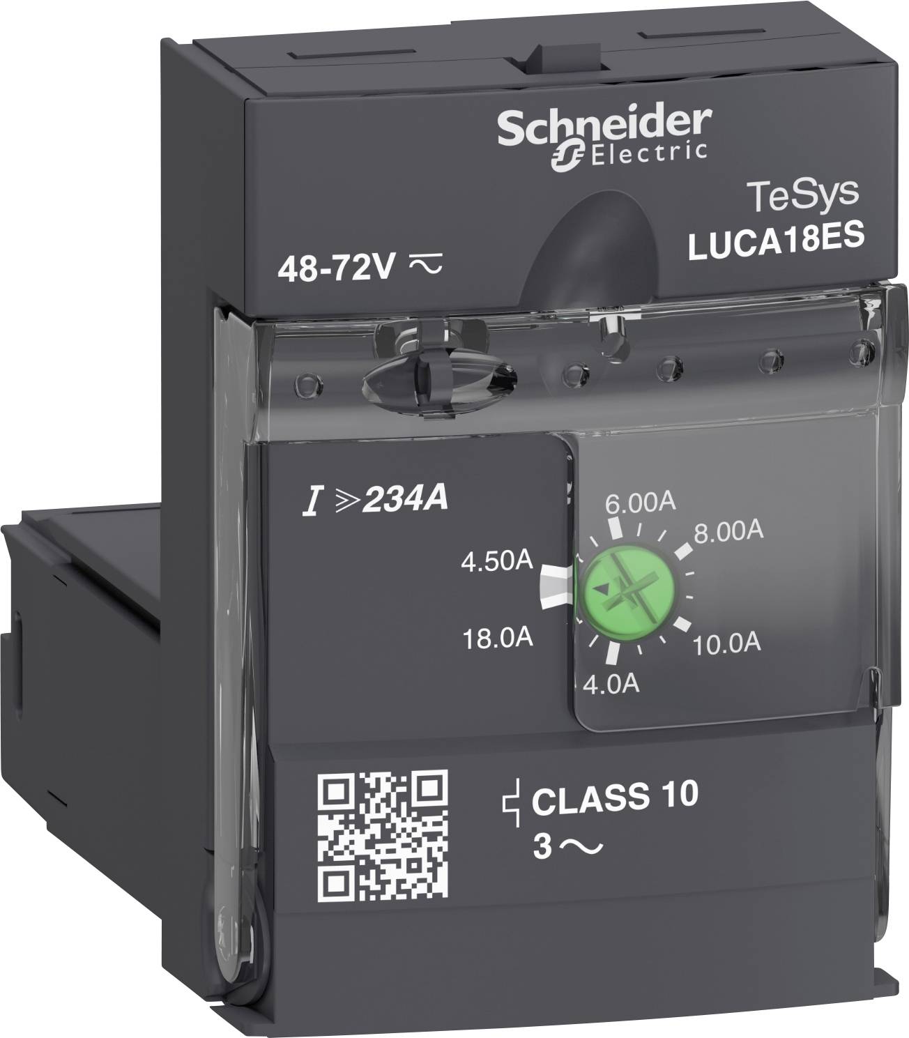 Černé elektrické zařízení od společnosti Schneider Electric, model TeSys LUCA18ES, rozsah napětí 48-72V, se zeleným nastavovacím kolečkem pro nastavení proudu.