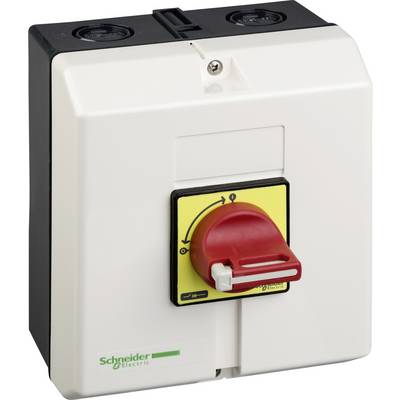 Bílý hlavní vypínač od Schneider Electric s červeným otočným knoflíkem a žlutým pozadím, zobrazující polohy zapnuto/vypnuto.