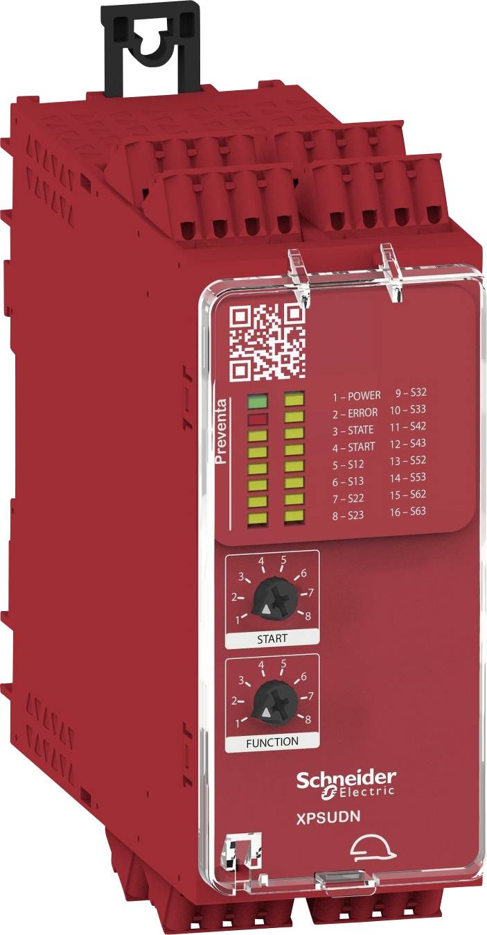 Červené bezpečnostní spínací zařízení od Schneider Electric s LED indikátory, QR kódem a ovládacími prvky pro řízení a hlášení poruch.