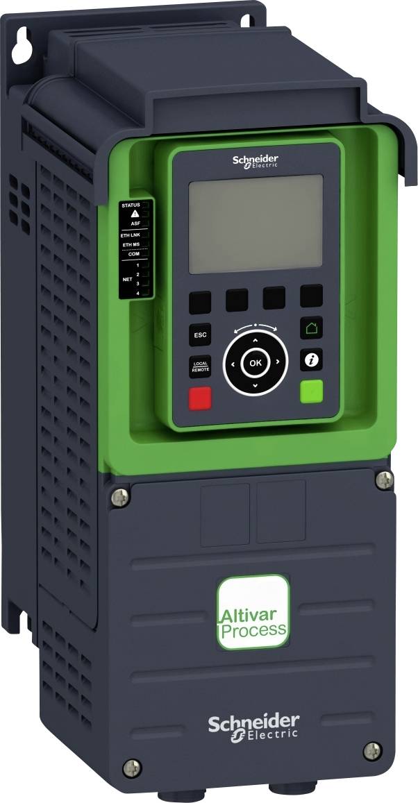 Frekvenční měnič od společnosti Schneider Electric, model 'Altivar Process', s displejem a ovládacími tlačítky na přední straně.