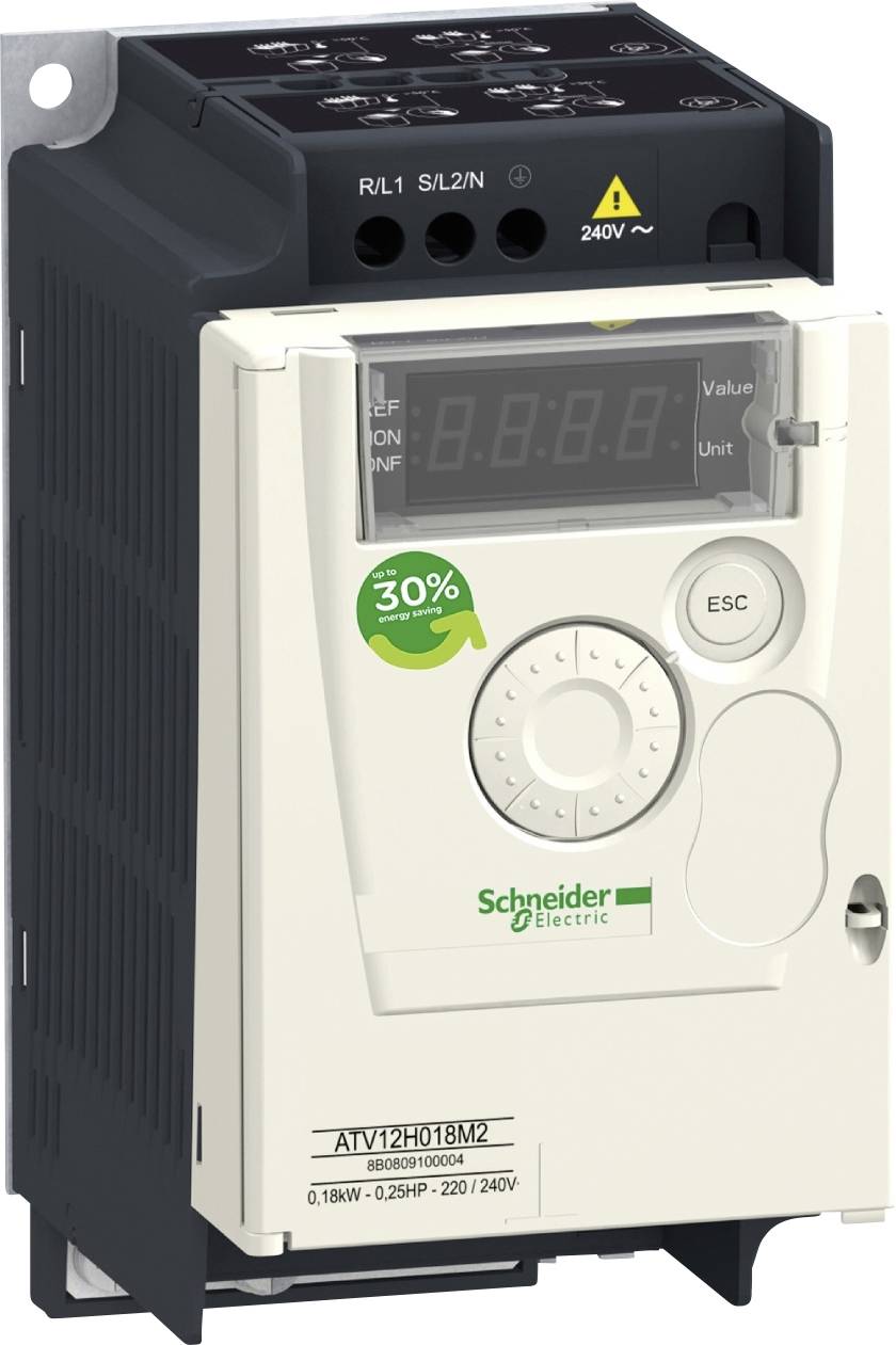 Schneider Electric frekvenční měnič, model ATV12H018M2, s digitálním displejem a ovládacími tlačítky, vhodný pro 0,18kW při 240V.