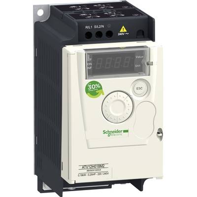Frekvenční měnič od Schneider Electric s digitálním displejem a ovládacími tlačítky, ukazující úsporu energie 30 %.
