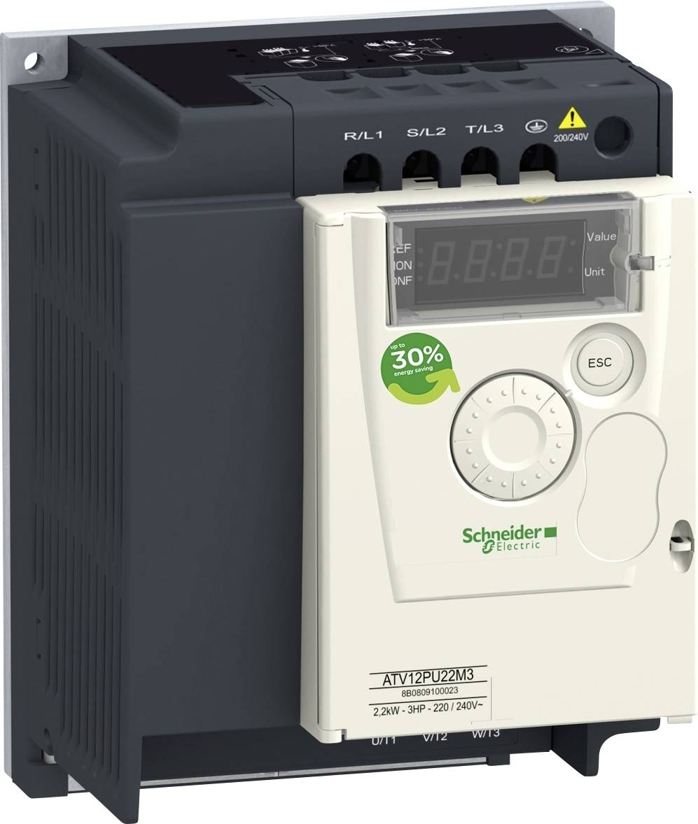 Variabilní frekvenční měnič od Schneider Electric s ovládacími tlačítky a digitálním displejem. Štítek zobrazuje '30% úspora energie'.
