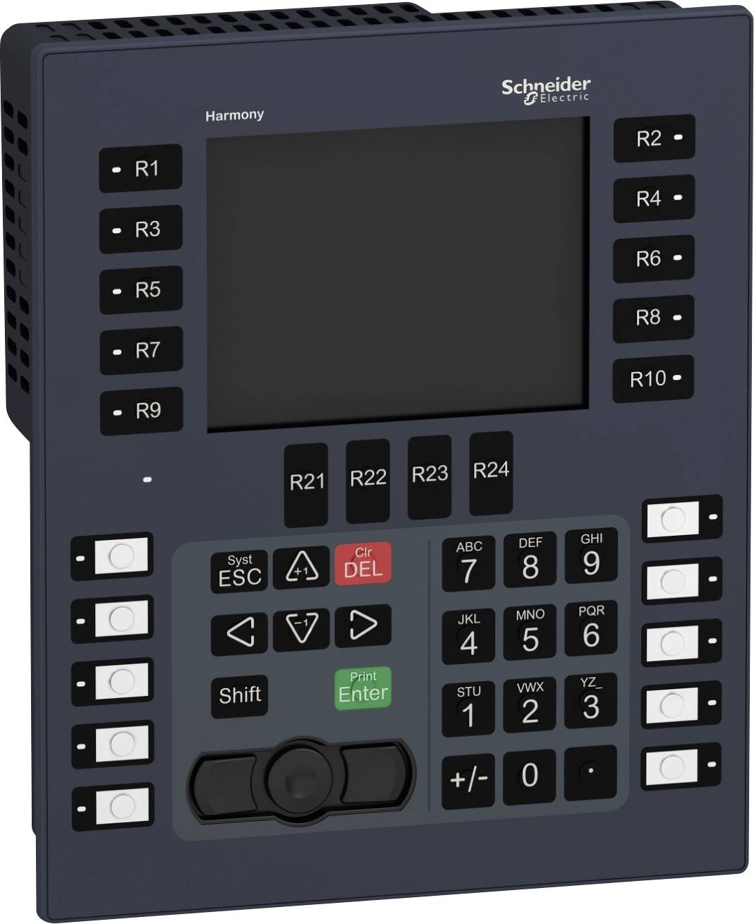 Elektronický ovládací panel s displejem a řadou tlačítek, nápis 'Schneider Electric' v pravém horním rohu.