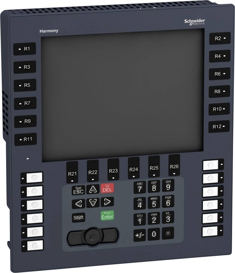Elektronický ovládací panel s displejem a tlačítky, označený funkcemi jako R1 až R12 a dalšími ovládacími tlačítky.
