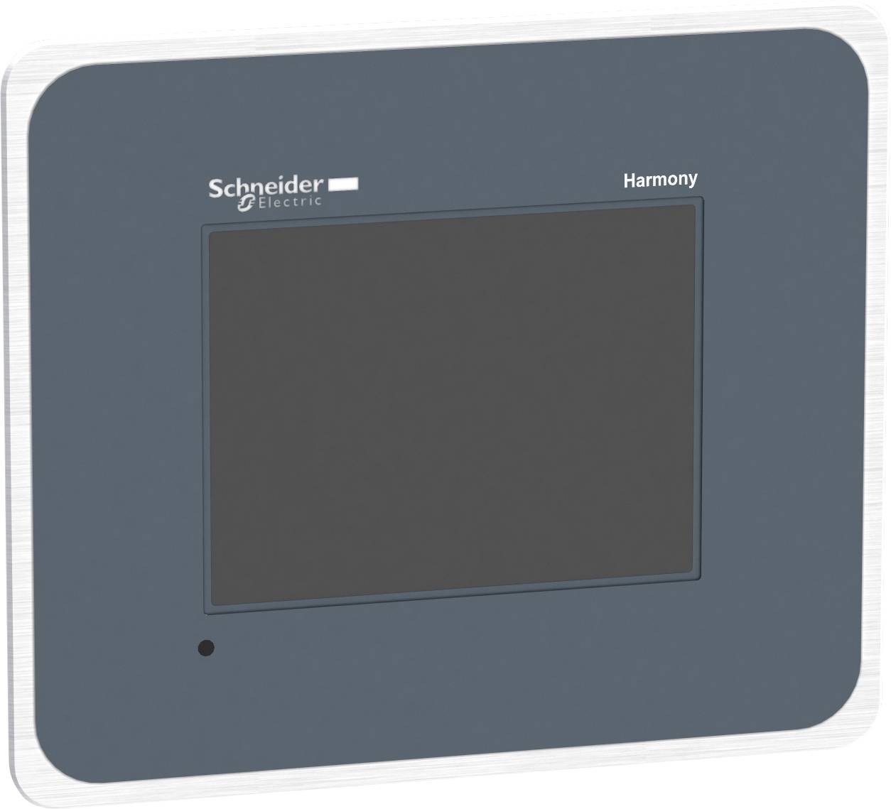 Ovládací panel Schneider Electric s displejem, model 'Harmony', na šedém povrchu.
