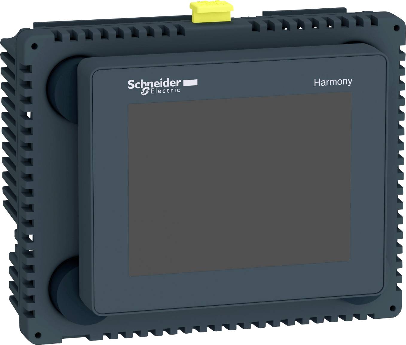 Obdélníkové elektronické zařízení s displejem na přední straně, označené nápisem 'Schneider Electric Harmony'.