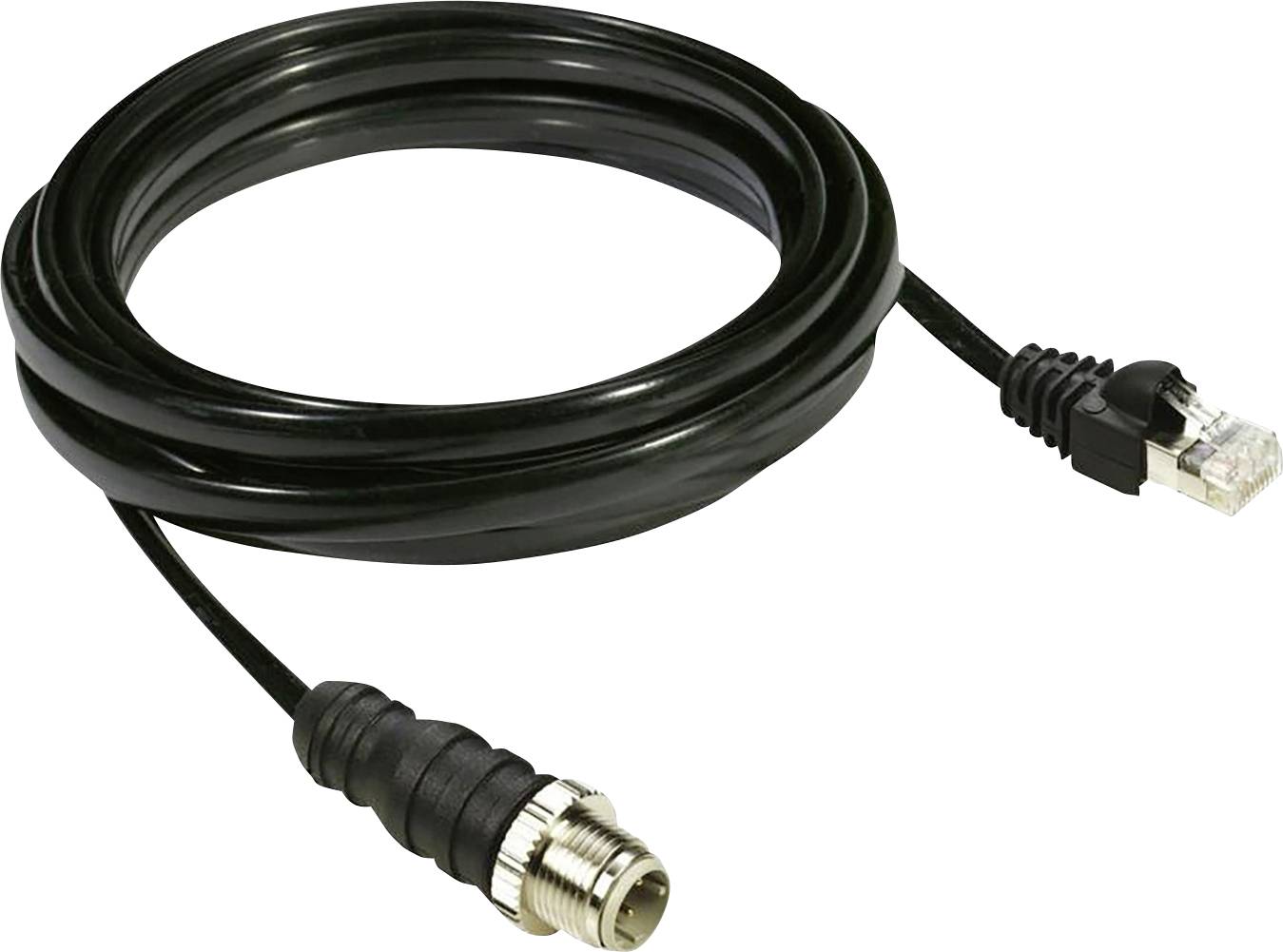 Černý ethernetový kabel s konektorem RJ45 a vodotěsným šroubovým připojením, vhodný pro síťové připojení ve venkovním prostředí.