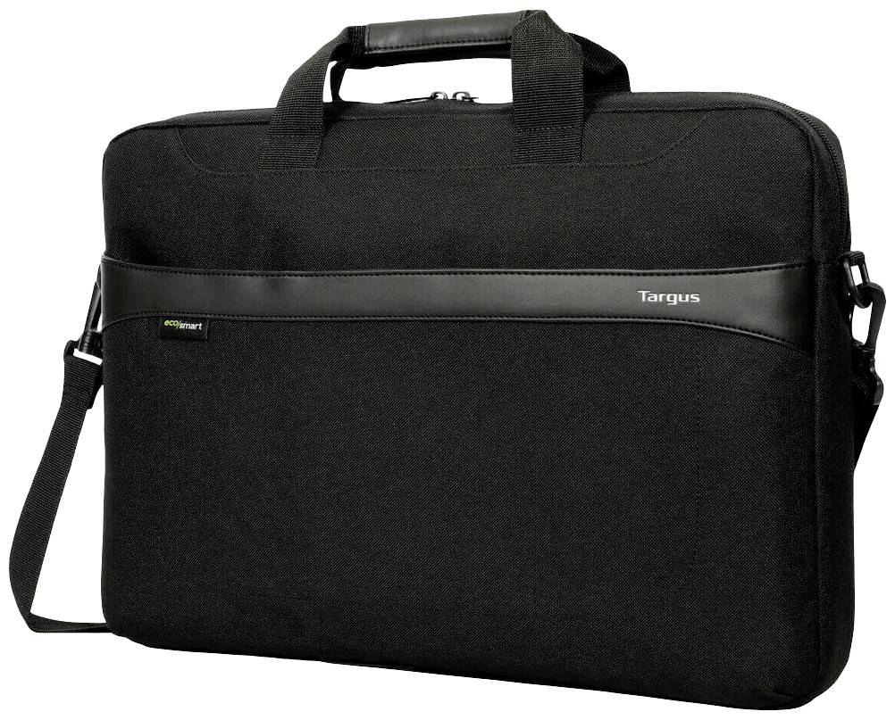 Černá brašna na notebook s rukojetí a ramenním popruhem. Název značky 'Targus' na přední straně. Vhodná pro přepravu notebooku.