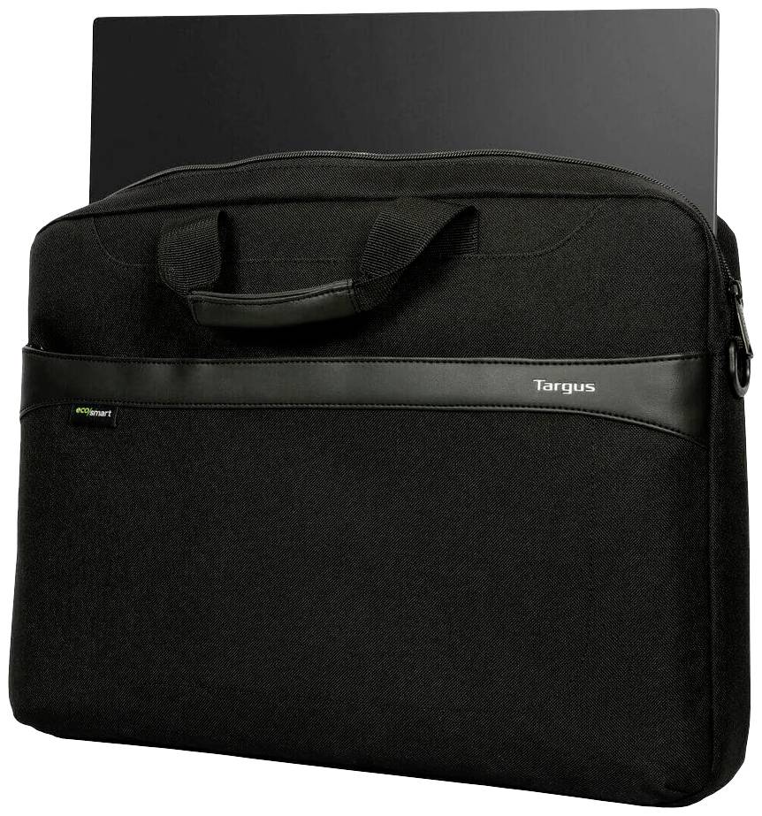 Černá taška s uzávěrem, horní otevřená část ukazuje částečně zasunutý laptop.
