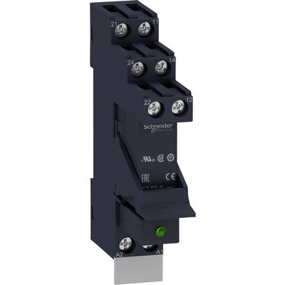 Elektrické relé od Schneider Electric se zelenou LED indikací dole. Několik šroubových svorek nahoře a po stranách.