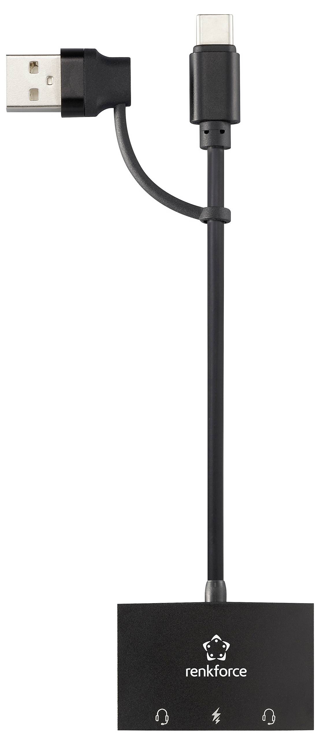 Černý adaptér značky Renkforce s USB-A a USB-C konektory, vhodný pro audio připojení.