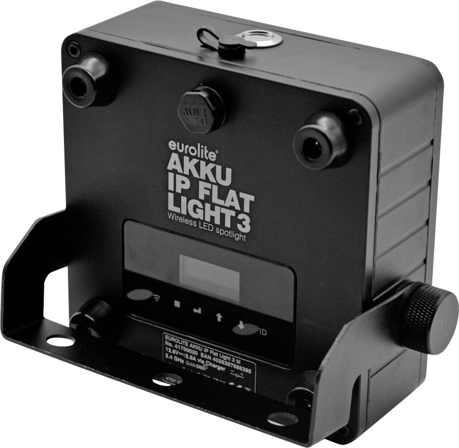 Černé přenosné LED světlo od Eurolite, model 'AKKU IP FLAT LIGHT 3', se dvěma upevňovacími body a ovládacími tlačítky.