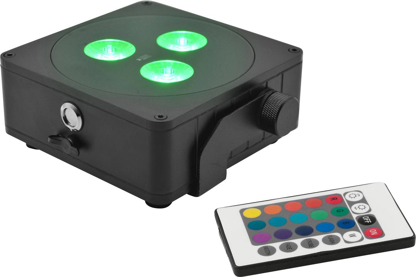 LED světelné zařízení se třemi svítícími zelenými LED diodami a dálkovým ovladačem s barevnými tlačítky, určené pro ovládání světelných nastavení.