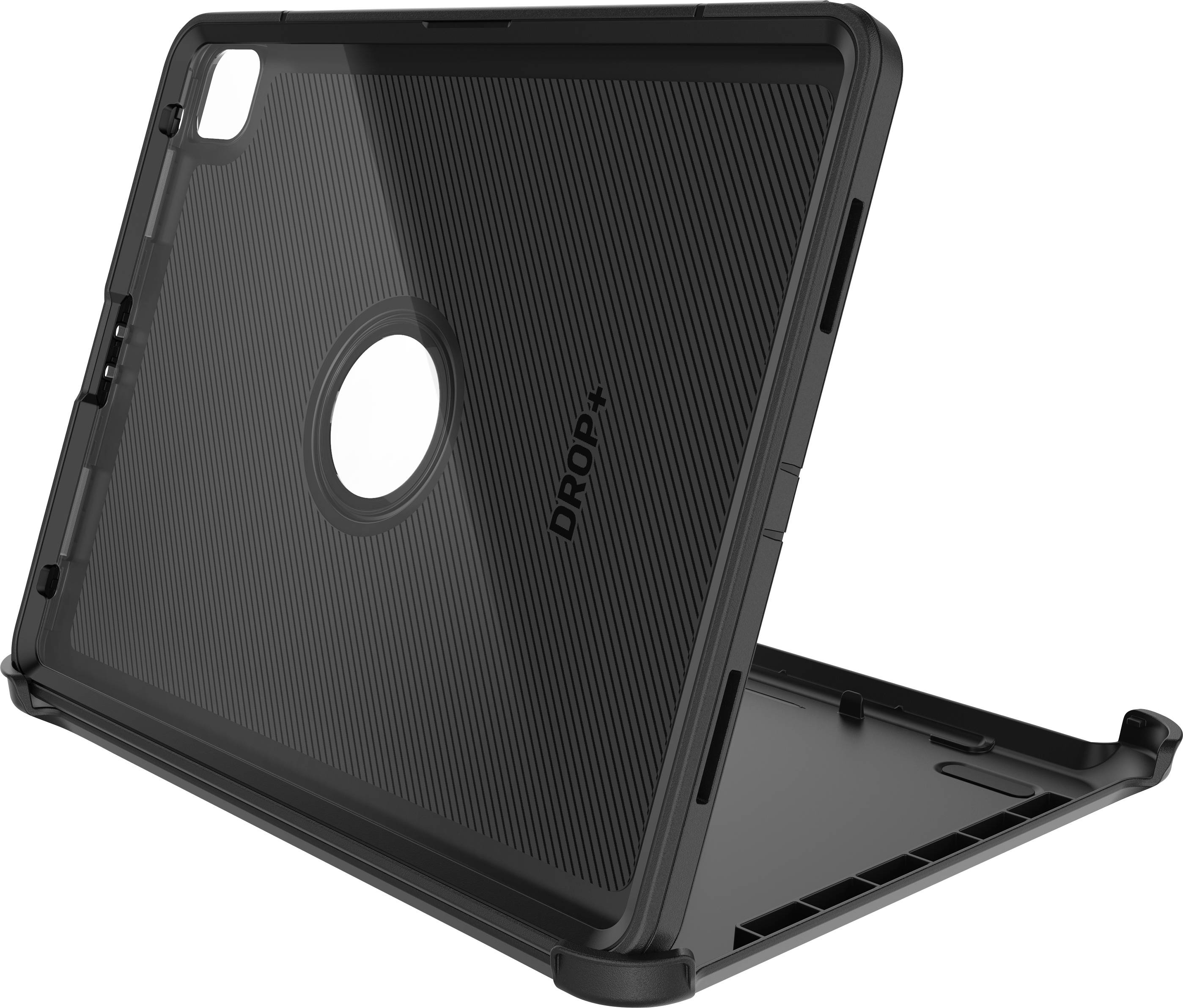 Černý, robustní obal na tablet se stojanem a kruhovým výřezem. Označený logem 'DROP+', poskytuje zvýšenou ochranu.