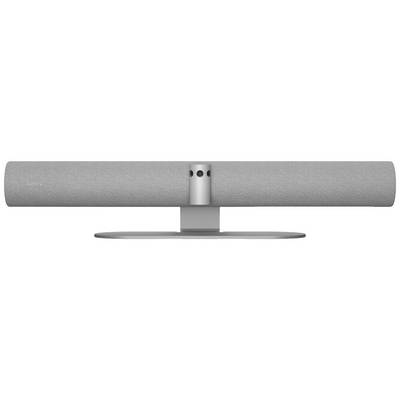 Šedý soundbar na stříbrném stojanu s integrovaným modulem kamery a mikrofonu uprostřed.