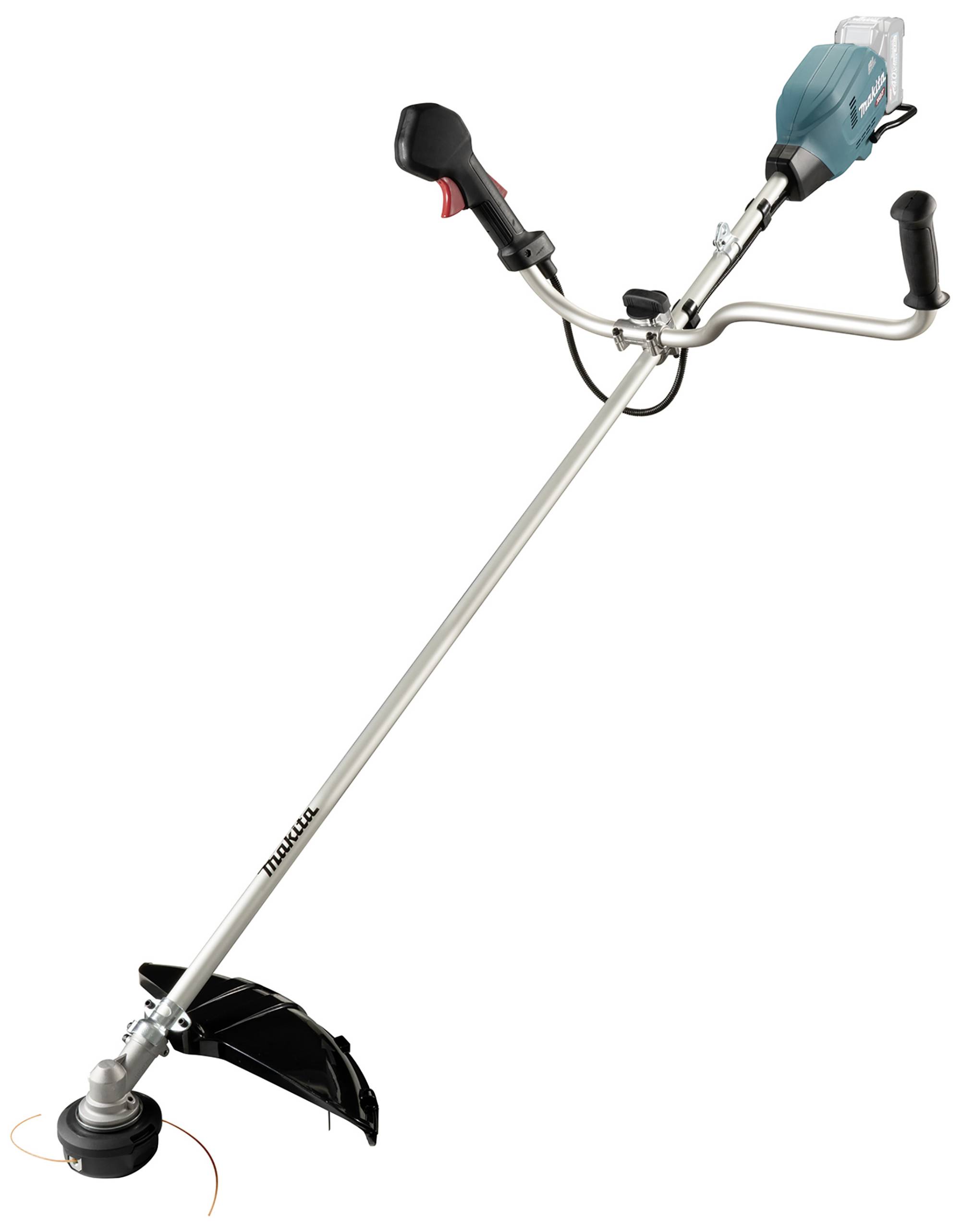 Elektrická motorová sekačka s dlouhou rukojetí, ergonomickými úchopy a ochranným krytem nad řezací hlavou. Vhodná pro zahradnické práce.
