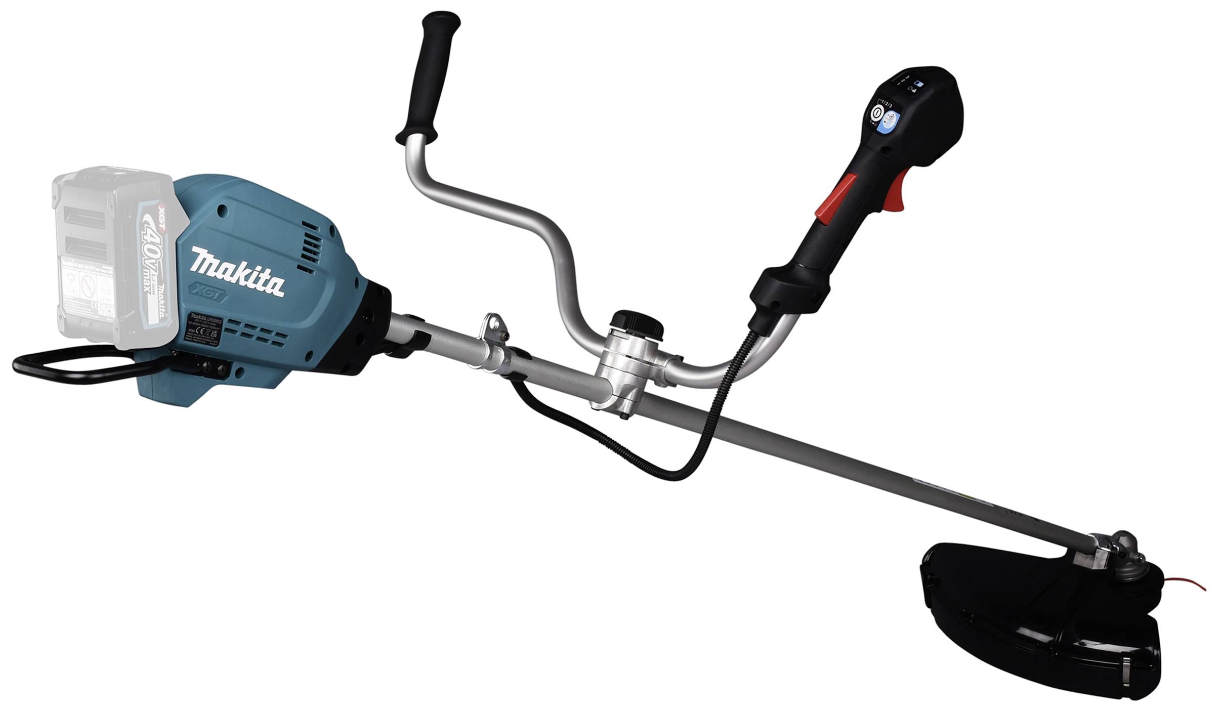 Zelený akumulátorový travní zastřihovač s černou rukojetí; značka 'Makita'; vlevo akumulátor, vpravo motor. Vhodný pro zahradnické práce.