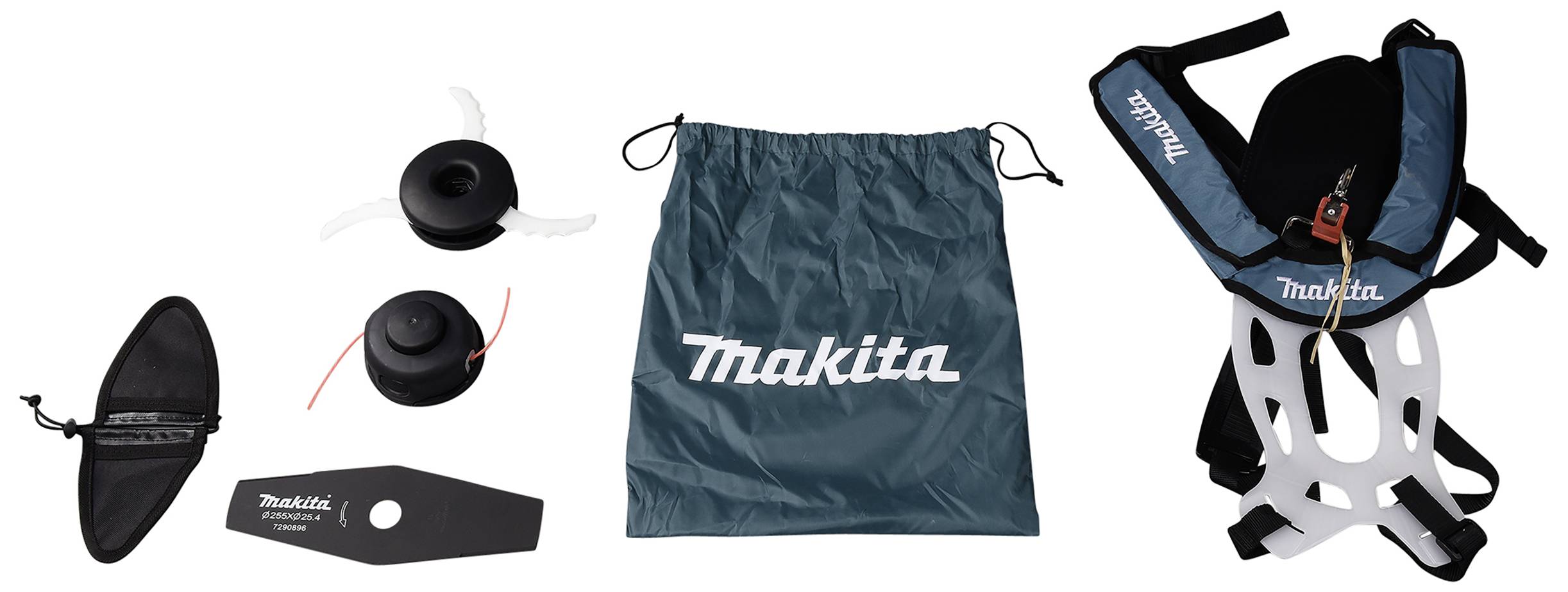 Sada Makita sestávající z náhradních cívek, transportní tašky, ochranného krytu a ergonomického ramenního popruhu.