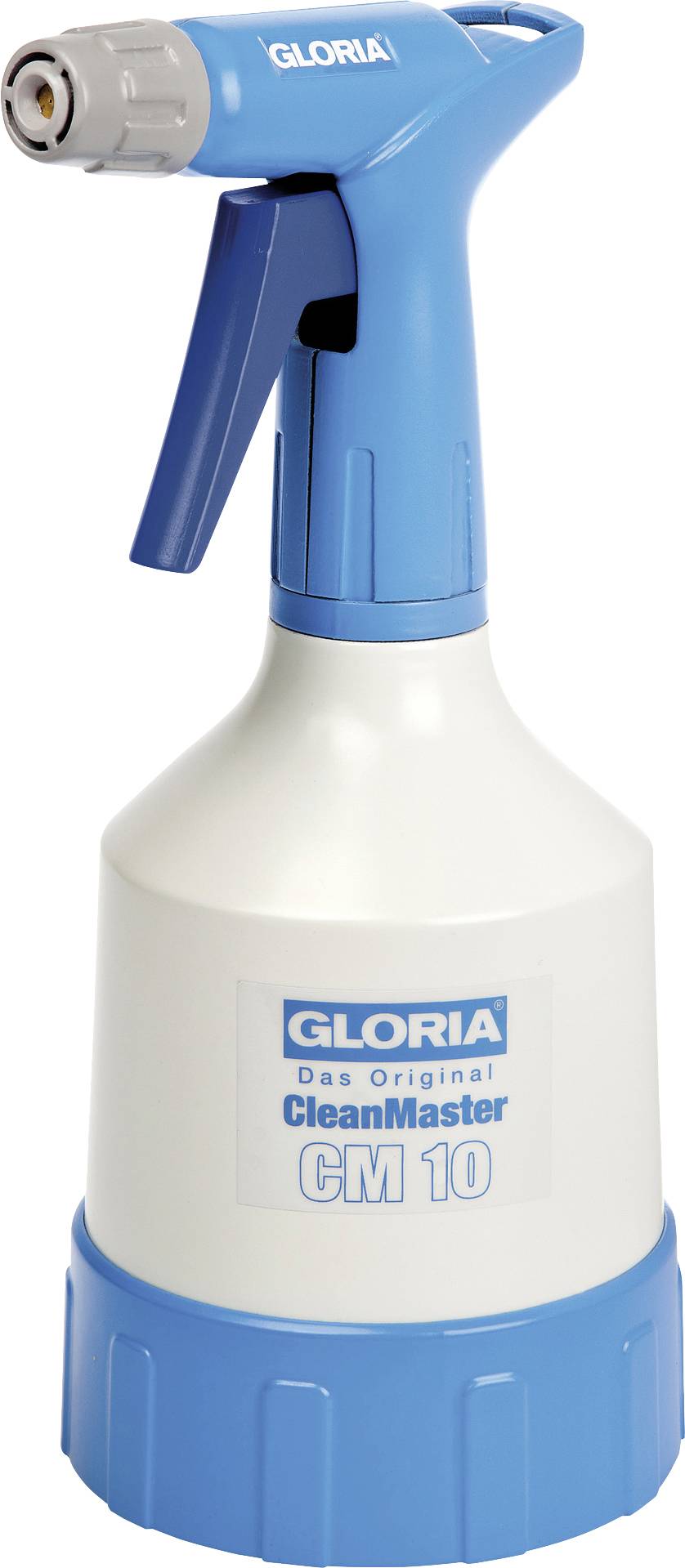 Modrá a bílá postřikovací láhev značky Gloria s nápisem 'CleanMaster CM 10'. Vhodná pro různorodé úkoly úklidu.