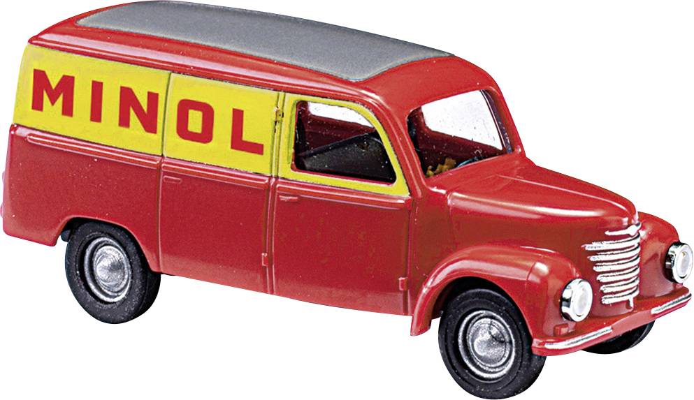 Červené modelové auto veterána s žlutým nápisem 'MINOL' na boku.