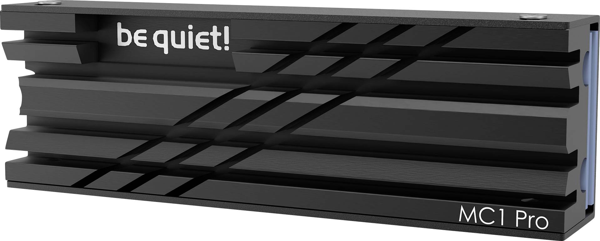 Černý chladič s nápisem 'be quiet! MC1 Pro' pro chlazení disků M.2 SSD, s drážkami pro zlepšený odvod tepla.