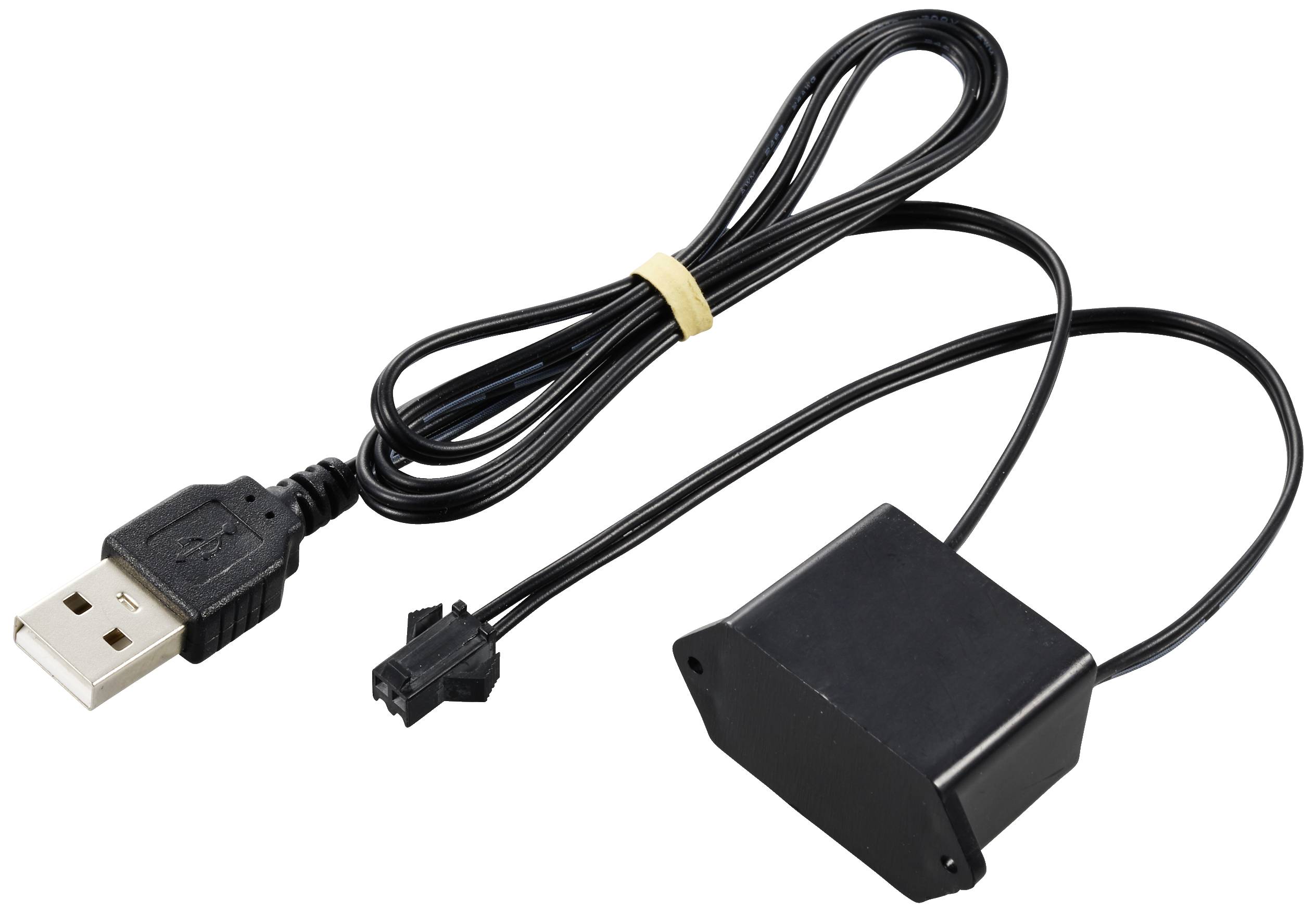 Černý USB kabel s obdélníkovým plastovým pouzdrem na konci a malou koncovkou. Používá se k propojení elektronických zařízení.