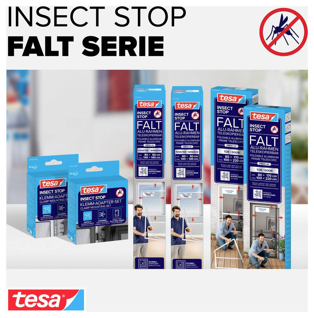 Reklamní grafika 'tesa Insect Stop FALT Serie' s více produkty na ochranu před hmyzem pro okna a dveře, doplněná průškrtnutým symbolem hmyzu.