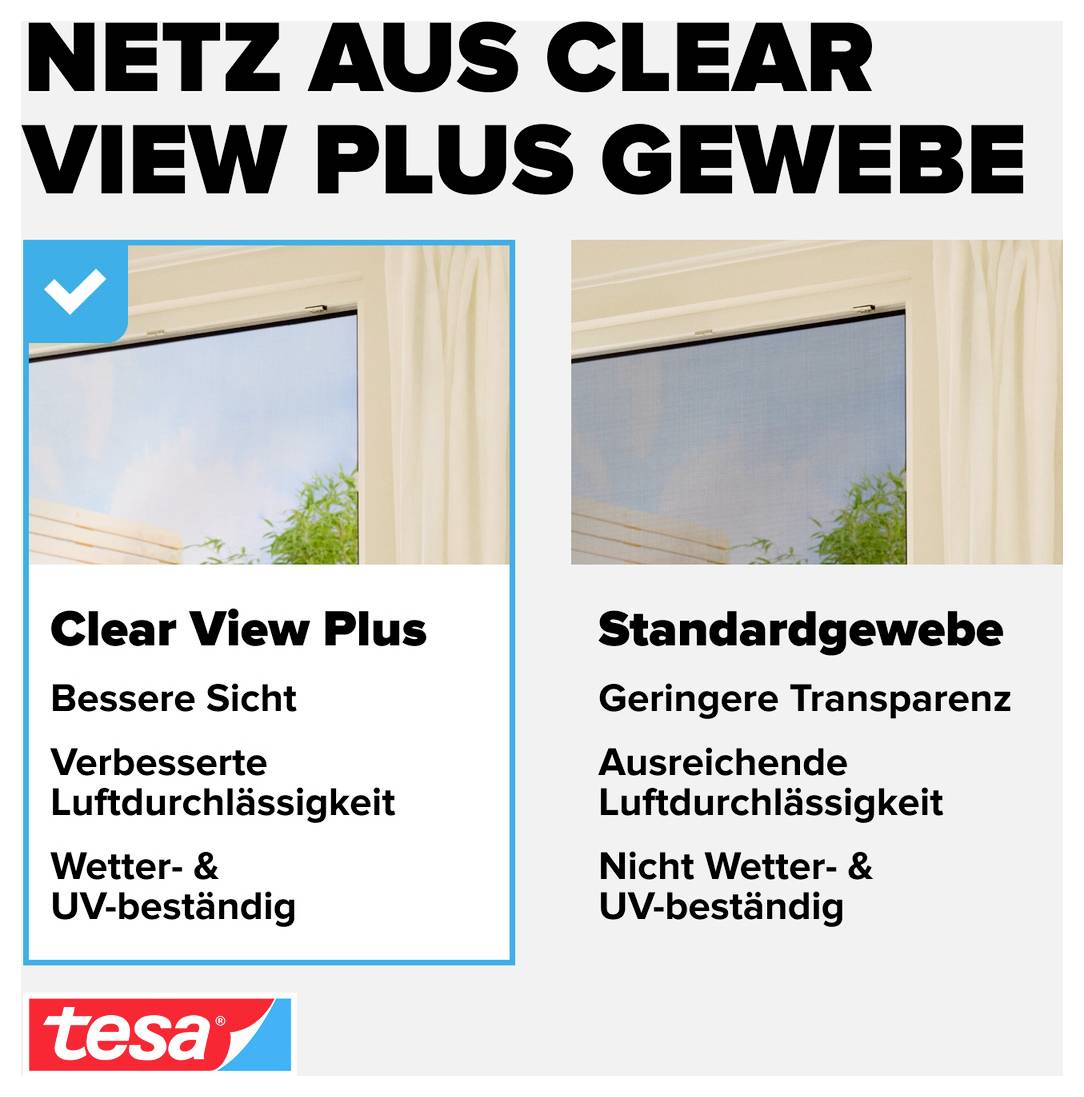 Reklamní srovnání insekticidní sítě: 'Clear View Plus' s lepší viditelností, propustností vzduchu a odolností proti počasí a UV záření ve srovnání se standardní sítí.