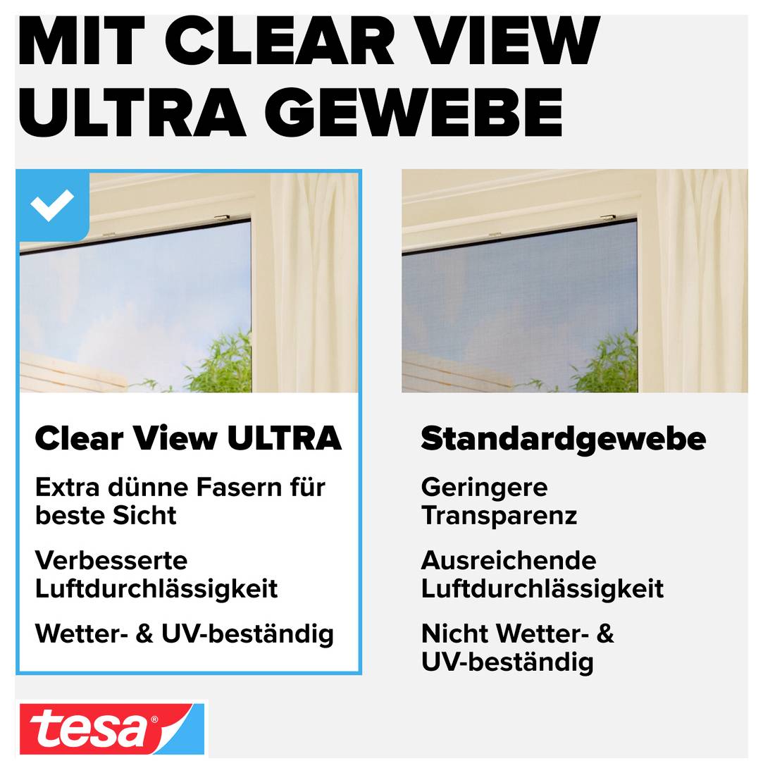 Reklamní grafika porovnává „Clear View ULTRA" se standardní látkou: lepší viditelnost, průchodnost vzduchu a odolnost vůči počasí a UV záření; vlevo označeno jako výběr.