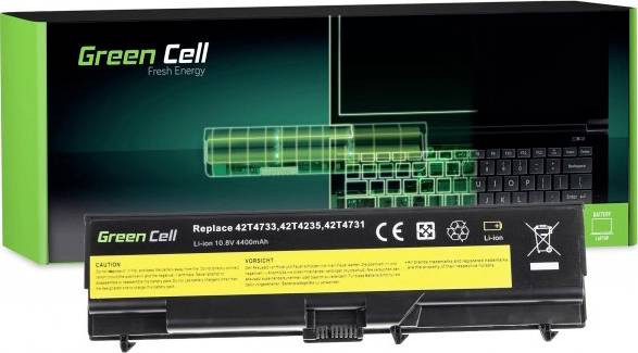 Náhradní baterie do notebooku značky Green Cell, modelové číslo 42T4733, 10,8V 4400mAh, s obalem v pozadí.
