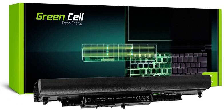 Obrázek ukazuje notebook baterii od Green Cell před jejím zabalením se sloganem 'Čerstvá energie'.