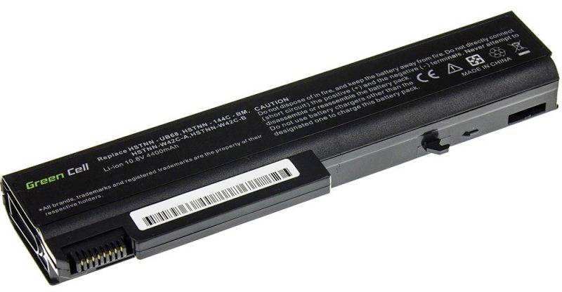 Obdélníkový notebook baterie s nápisem 'Green Cell' a technickými specifikacemi a bezpečnostními výstrahami.