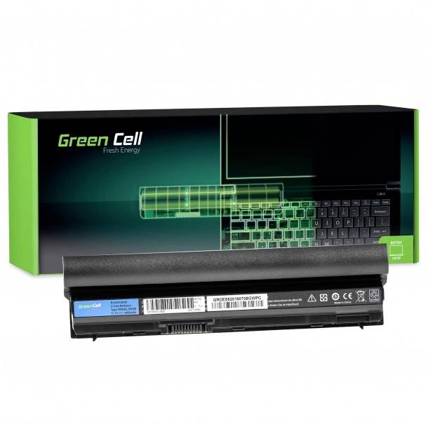 Černá baterie notebooku od Green Cell před odpovídajícím zeleným obalem s nápisem 'Green Cell Fresh Energy'.