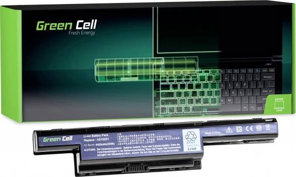 Obal 'Green Cell' s laptopovou baterií v popředí. Text 'Fresh Energy' a 'Lithium-iontová baterie'.