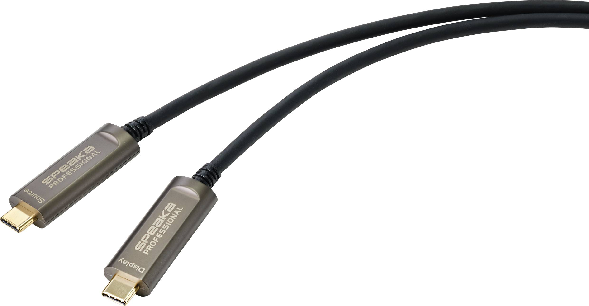 Šedý kabel Thunderbolt se dvěma konektory, označený nápisem 'SpeaKa Professional'.