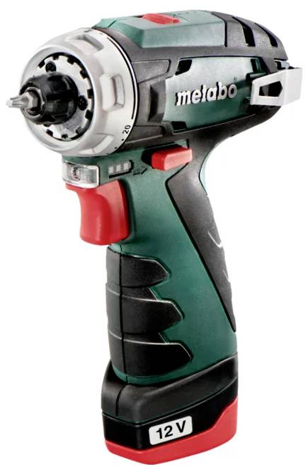 Akumulátorový šroubovák Metabo s napětím 12V, ergonomickým designem a zeleno-černým barevným provedením. Ideální pro lehké až středně náročné práce.
