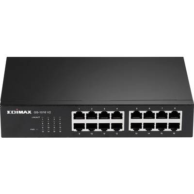Černý síťový switch značky Edimax s 16 ethernetovými porty, model GS-1016 V2.