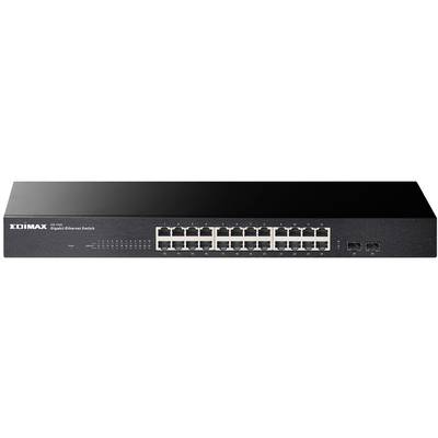 Černý 24portový gigabitový ethernetový switch značky Edimax. Má indikační kontrolky a konektory pro síťové kabely.