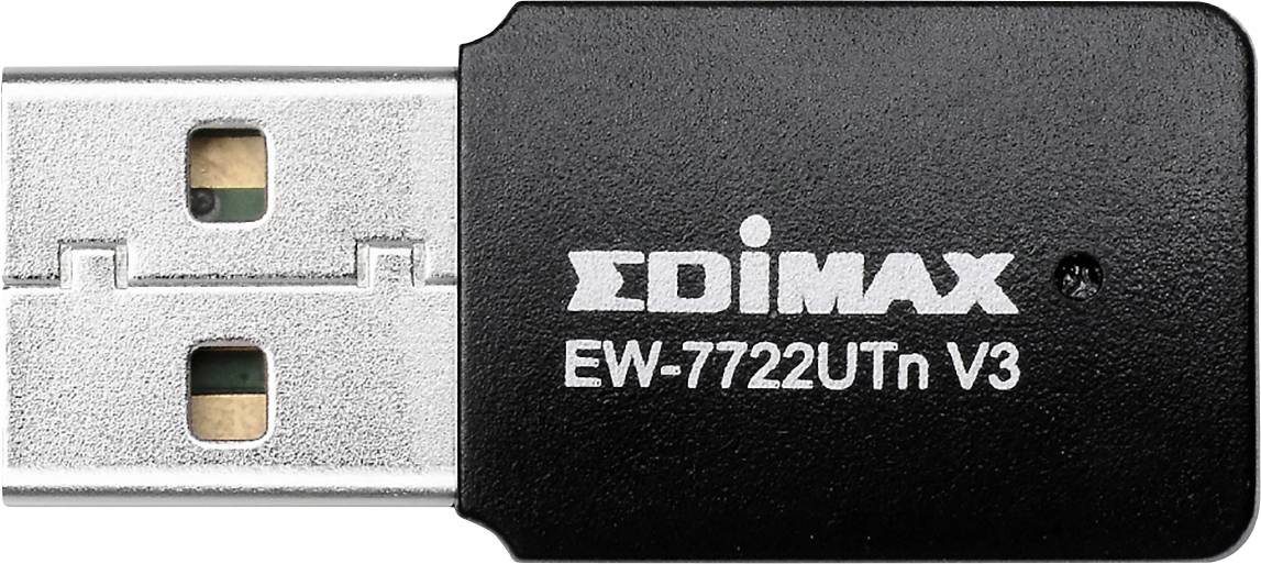 USB síťový adaptér s nápisem 'EDIMAX EW-7722UTn V3' pro bezdrátové síťové připojení. Černé pouzdro s USB konektorem.