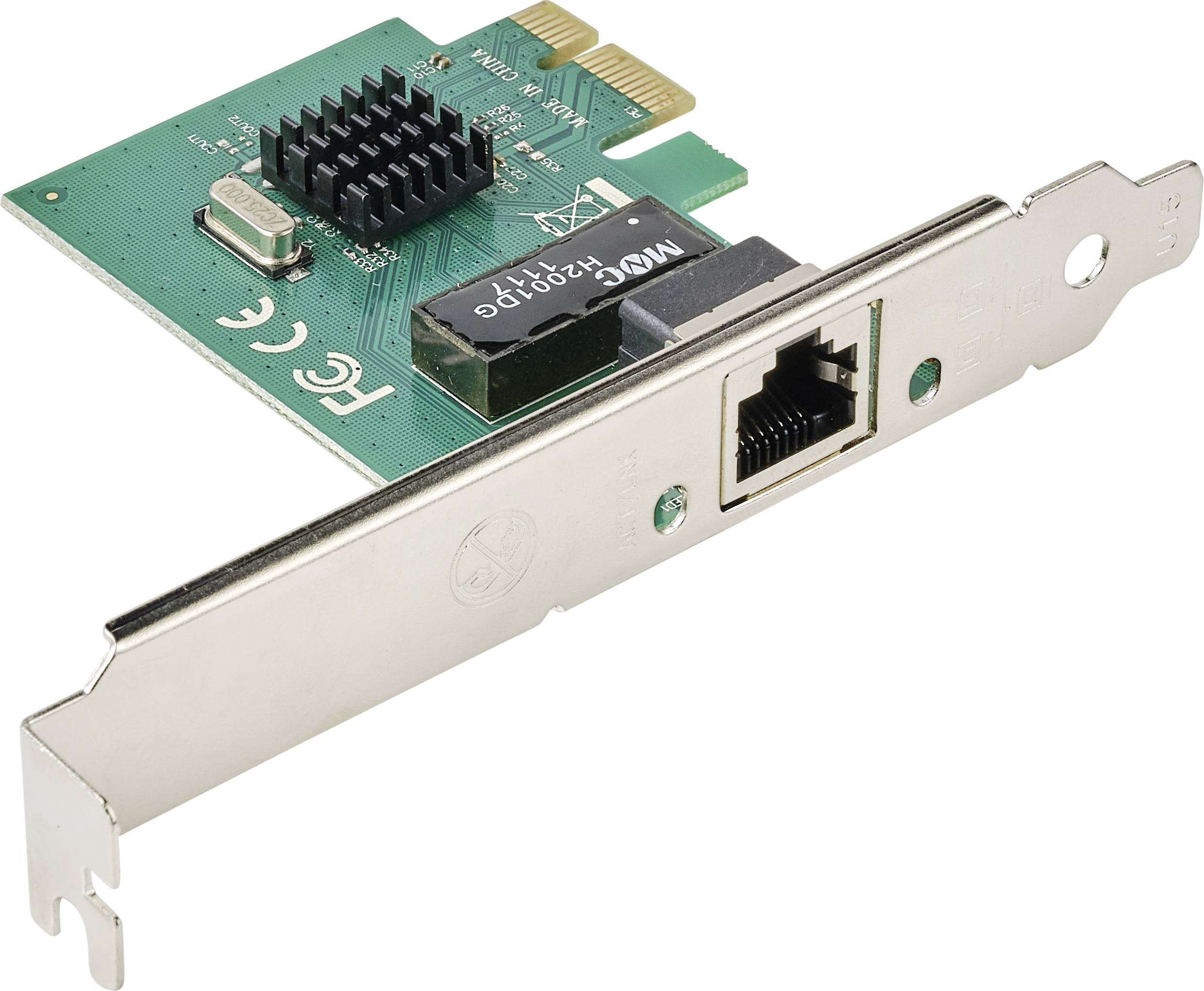 Zelená síťová adaptérová karta s ethernetovým připojením, slotem PCIe a černým chladičem na desce.