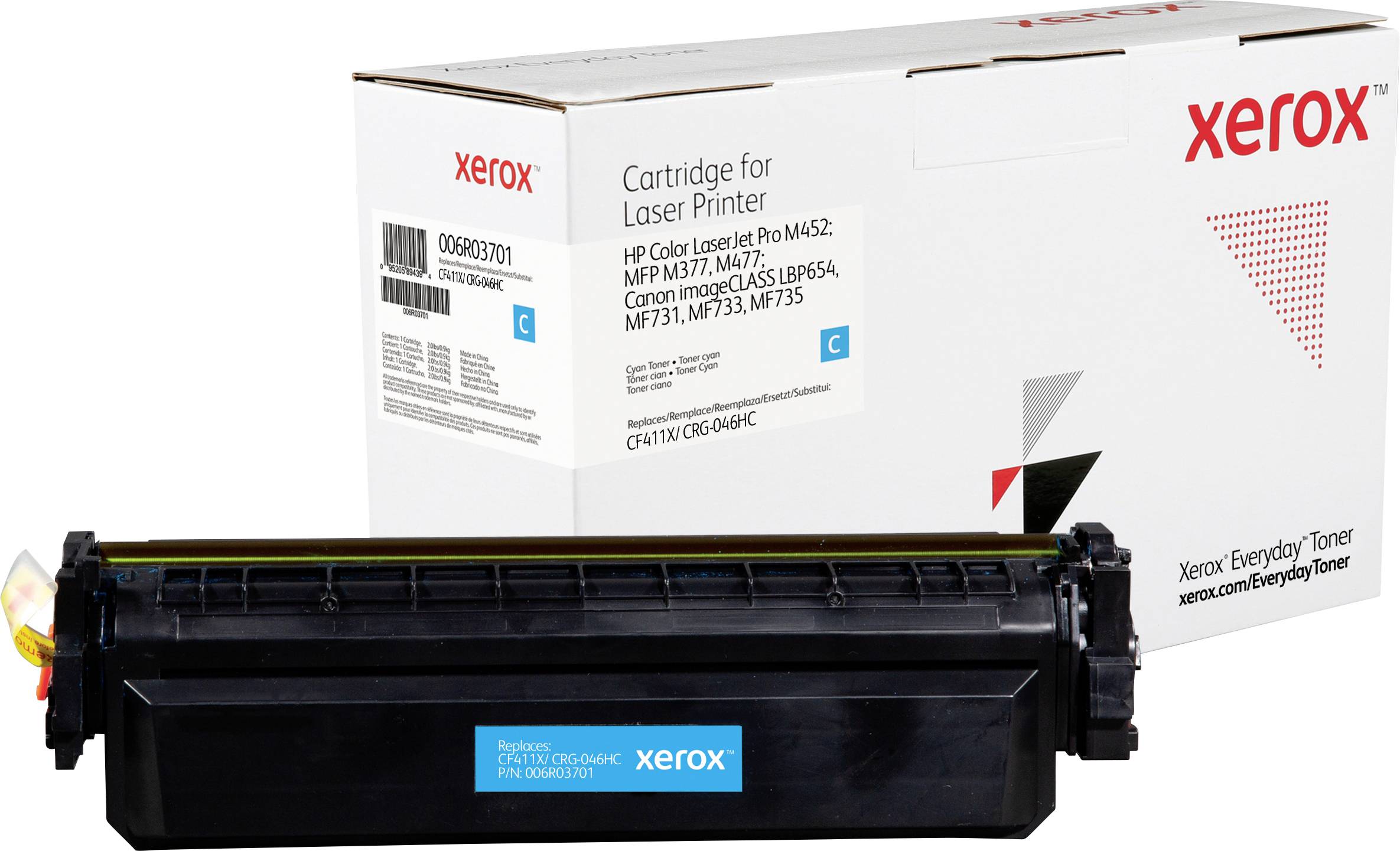 Černá tonerová kazeta Xerox před bílým obalem s červeným logem 'Xerox'. Vhodná pro různé tiskové modely HP a Canon.