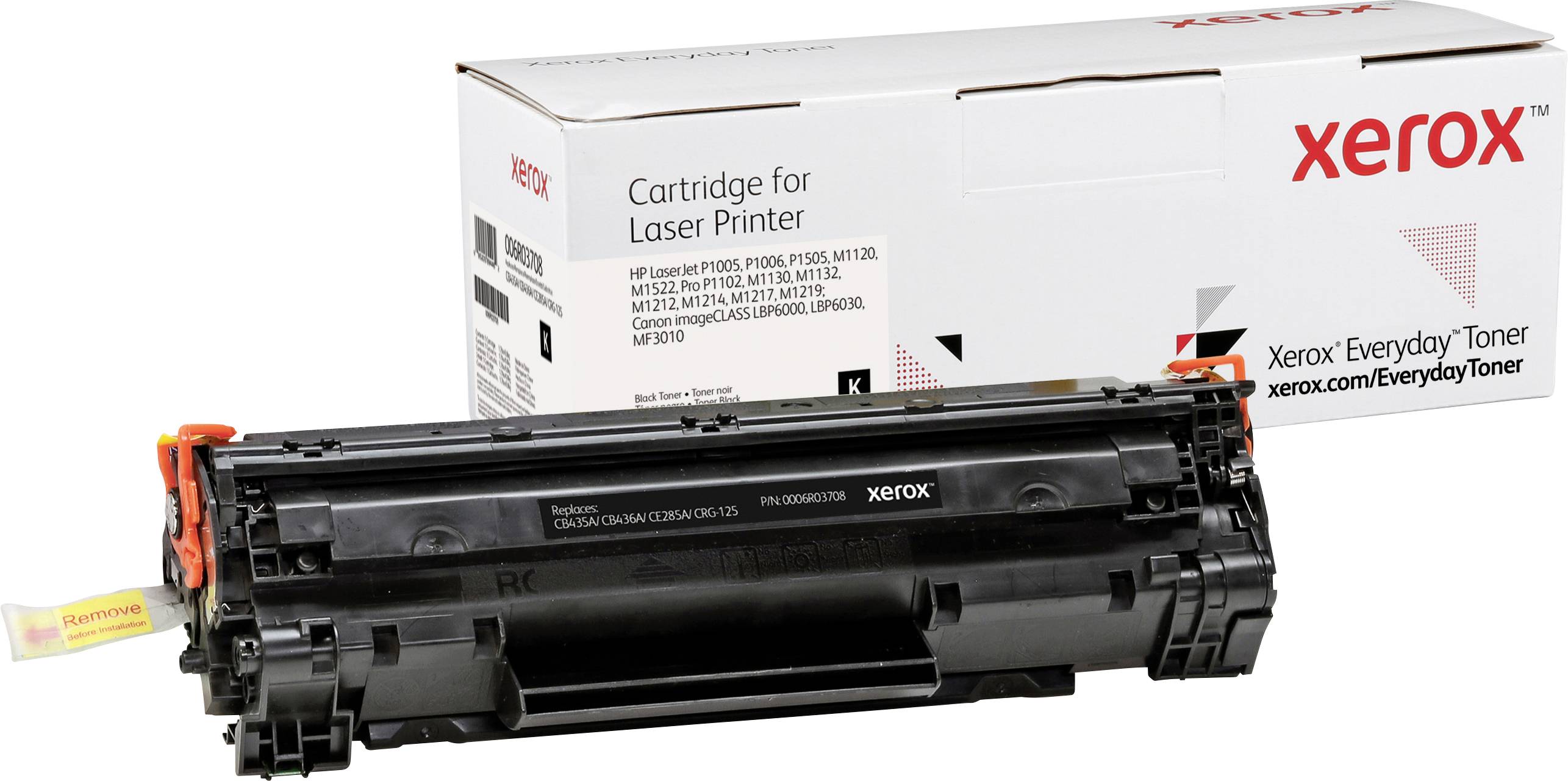 Tonerová černá kazeta do laserové tiskárny Xerox umístěná před krabicí s produktovými informacemi a logem značky.