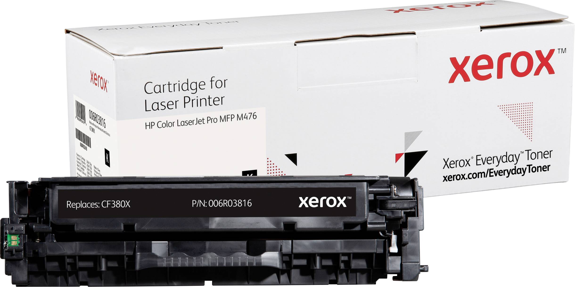 "Laserový toner Xerox" a "Kazeta pro HP Color LaserJet Pro MFP M476" na obalu a kazetě.