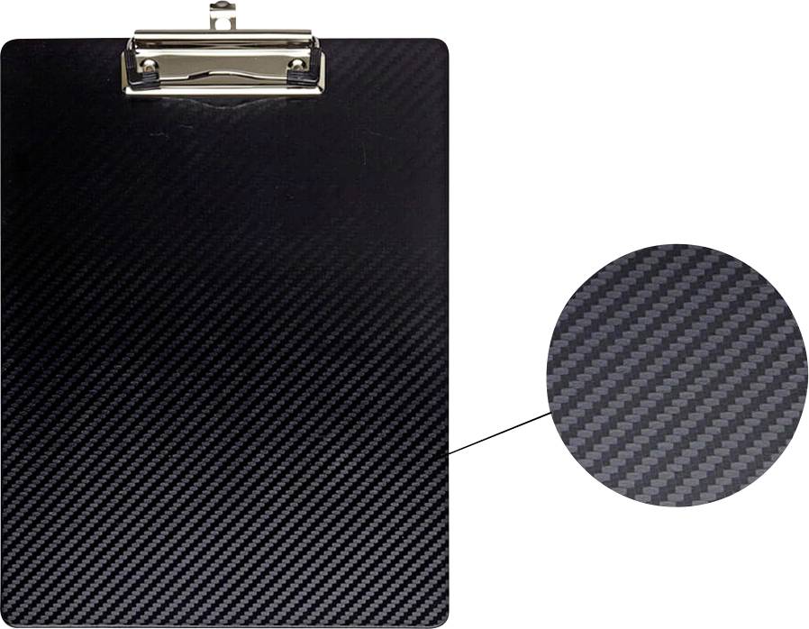 Deska na dokumenty z černého materiálu připomínajícího karbonové vlákno s detailním pohledem na texturu, která vykazuje diagonální pruhovaný vzor.